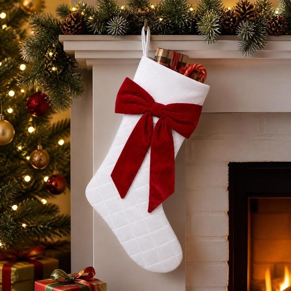 Meia de Natal xadrez com laço, - Christmas Stocking Hanging avaliação e preço
