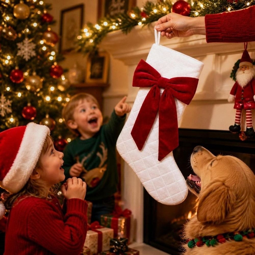 Meia de Natal xadrez com laço, - Christmas Stocking Hanging avaliação e preço